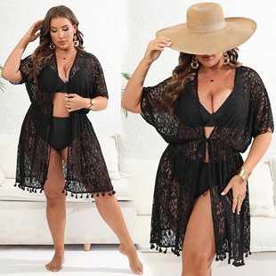 Plus size women's beach shirt cross European and American sexy perspective lace tassel sunscreen cardigan bandage blouse F954