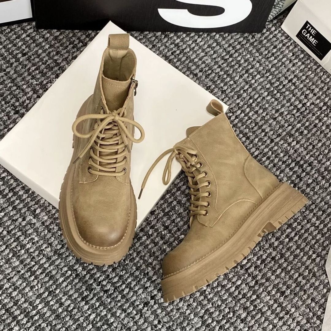 Thick-Soled Martin Boots for Women, 2025 New Autumn and Winter Retro Style, Height-Increasing Short Boots for Petite Women, Brown Motorcycle Boots, Yellow Boots