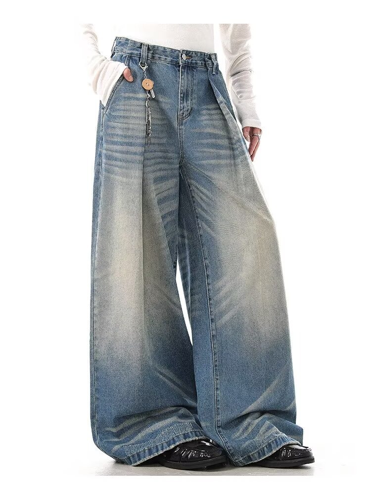 High Waist Wide-Leg Vintage Washed Jeans Cat Whisker Distressing Classic Blue S-3XL Men's Clothing Denim Trousers_mkmklike.com