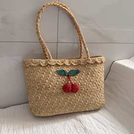 新款女夏季草编单肩包拉菲草手工钩樱桃刺绣度假沙滩包手提编织包
