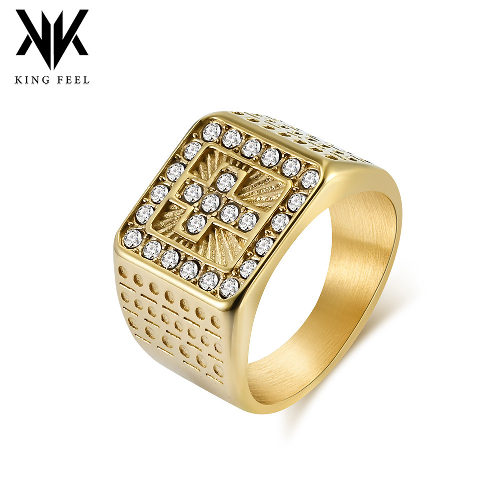 Cruzar la frontera europea y americana estilo titanio acero chapado 18K oro Cruz completa diamante anillo hip hop hiphop personalidad desgaste mano Accesorios