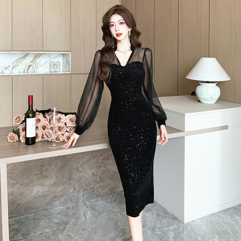 Hot Girl Slim-Fitting Sexy Retro Long-Sleeved Mesh Sequined Velvet Slit Hip-Hugging Dress for Women Hot Girl Slim-Fitting Sexy Retro Long-Sleeved Mesh Sequined Velvet Slit Hip-Hugging Dress for Women