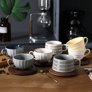 American coffee cup wooden coaster afternoon tea cup saucer spoon flower tea cup latte vintage ceramic coffee cup saucer suit