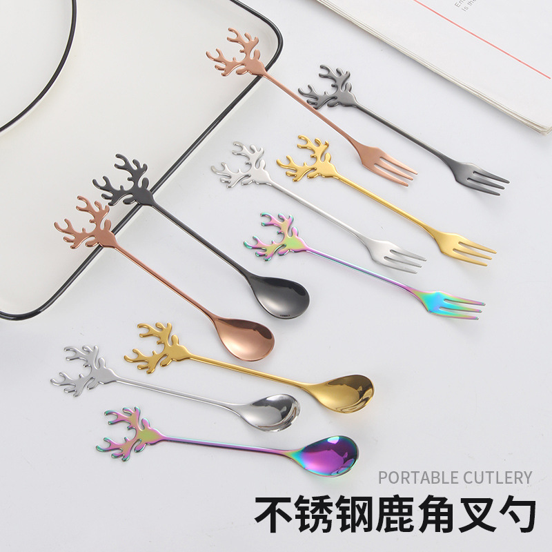 304 Stainless Steel Coffee Spoon, High-Looking and Exquisite Small Spoon, Dessert Stirring Spoon, Christmas Elk Spoon, Fruit Fork