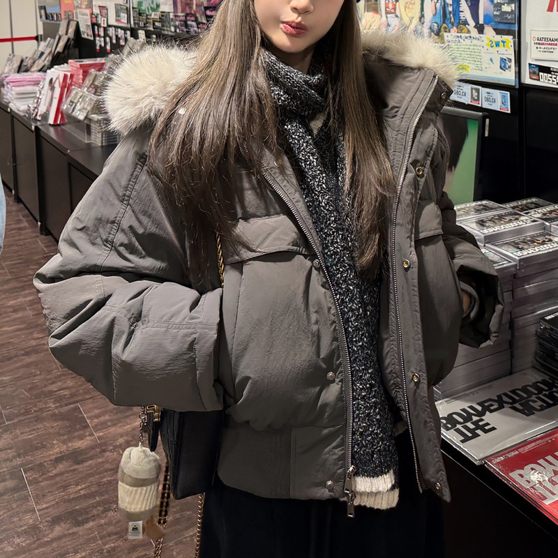 Winter Fur Collar Hooded White Duck down Windproof Warm Casual Parka Short Thickened Large Pocket down Jacket for Women