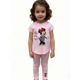 Baby 2pcs outfit 现货欧美女童卡通短袖上衣纯色百搭长裤两件套