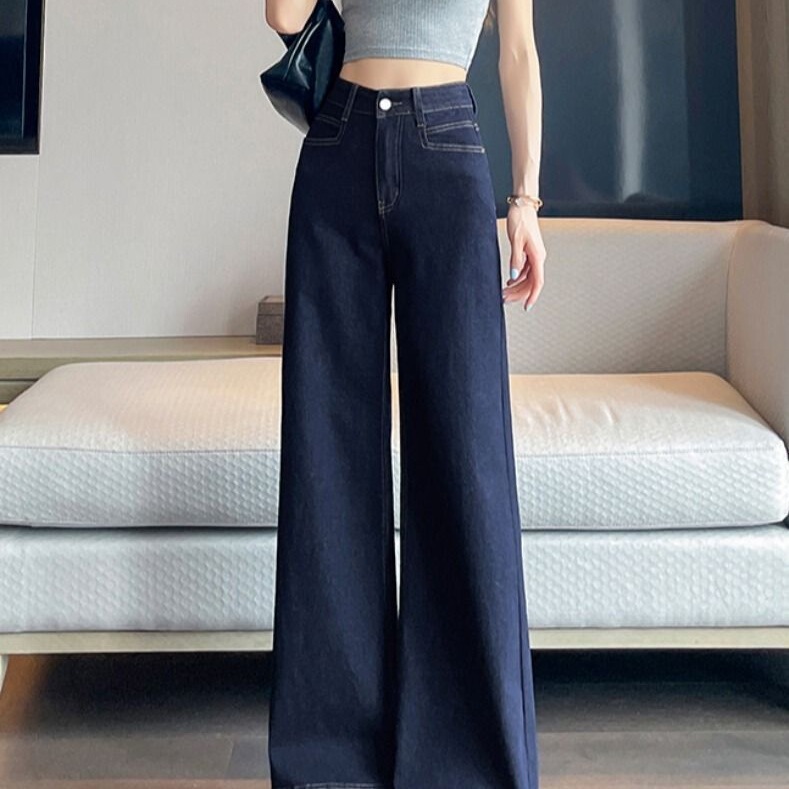 丹宁深蓝色阔腿牛仔裤女秋冬新款垂感修身百搭复古高腰显瘦直筒裤|undefined