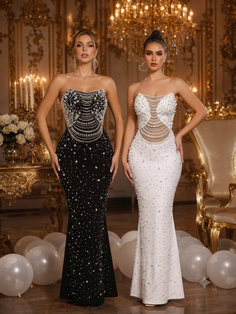 European and American New Style Strapless Beaded Rhinestone Pure White Heavy-Duty Mermaid Bandage Evening Dress Elegant Temperament Banquet Gown