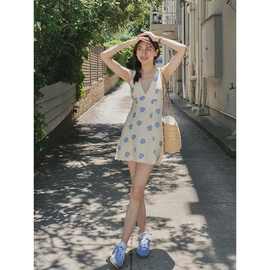 法式温柔撞色花朵V领无袖连衣裙女夏季2025新款复古甜美收腰短裙
