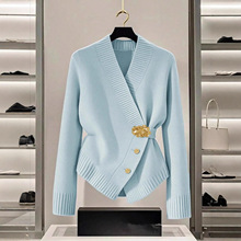 跨境秋季欧美毛织新款优雅风女士V领长袖修身不规则开衫针织上衣