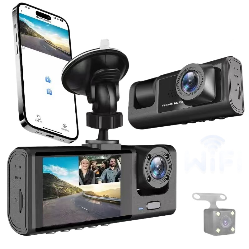 WiFi dashcam with front and rear recording, 1080P high-definition car camera, in-car monitoring, and rearview camera