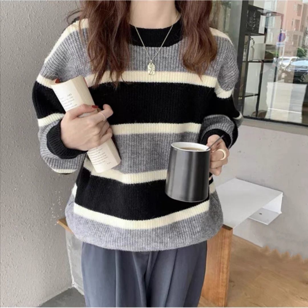 Korean loose contrasting striped pullover for women, 2023 autumn and winter new collection, lazy style, worn outside,_voghion.com