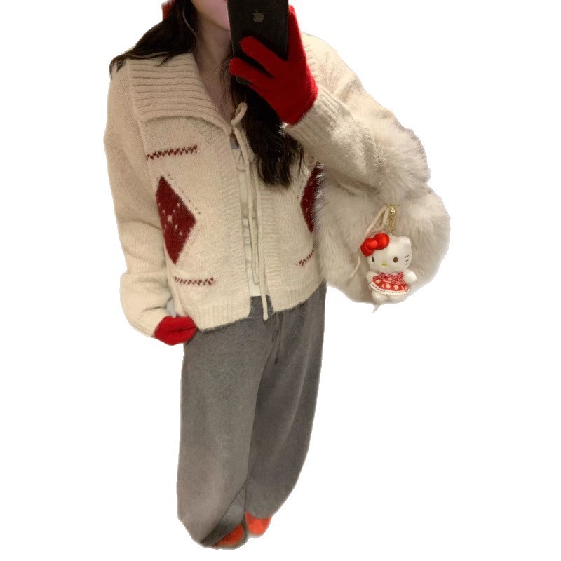 YS韩系小个子菱格翻领毛衣女秋冬慵懒风宽松软糯短款外穿针织上衣|undefined