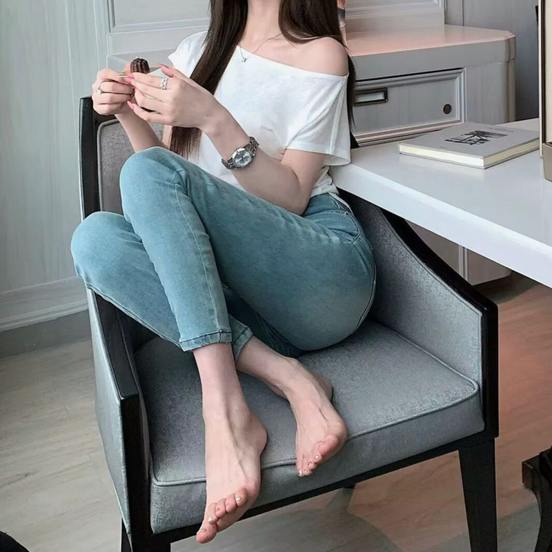 后口袋猫咪纹绣花小脚牛仔裤女夏季新款修身弹力九分裤铅笔裤|undefined