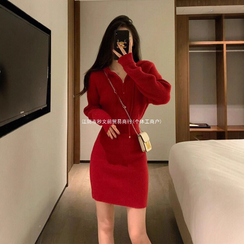2025 Autumn/Winter Red Christmas New Year Dress Knitted Sweater Hoodie Dress for Women, Bodycon Short Dress for Petite Women 2025 Autumn/Winter Red Christmas New Year Dress Knitted Sweater Hoodie Dress for Women, Bodycon Short Dress for Petite Women