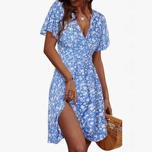 亚马逊跨境2025夏季热销欧美性感深V领点点碎花优雅气质连衣裙现