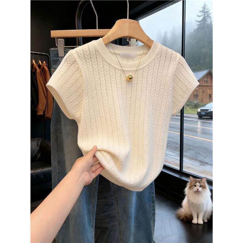 Twisted Ice Silk Hollow-Out Knit T-Shirt Short Sleeve 2026 New Style Short Round Neck Thin Versatile Short Sleeve Top A3919 Twisted Ice Silk Hollow-Out Knit T-Shirt Short Sleeve 2026 New Style Short Round Neck Thin Versatile Short Sleeve Top A3919