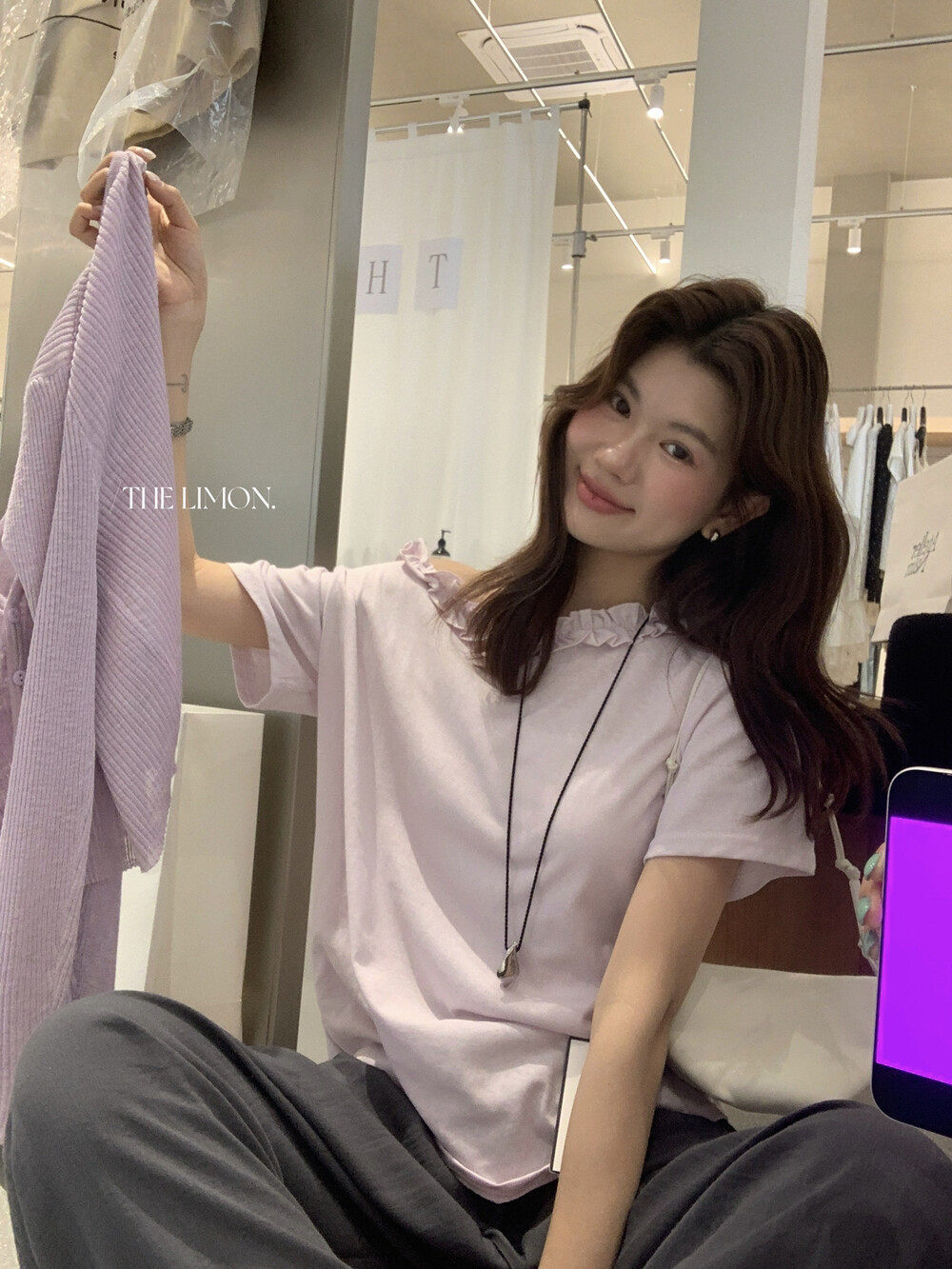 Áo thun nữ tay ngắn cổ lệch vai kết hợp ren bèo nhún phong cách Pháp — màu đen, màu trắng, Tro xi măng, Bột tím chi tiết 9
