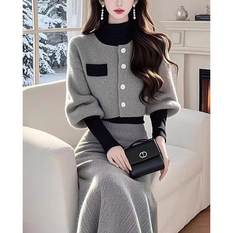韩系名媛设计感针织时尚套装女秋冬季新款短款上衣a字半裙两件套|undefined
