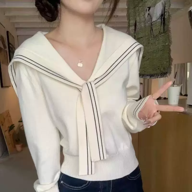 学院风撞色海军领针织衫女韩版减龄时尚甜美可爱宽松显瘦打底上衣