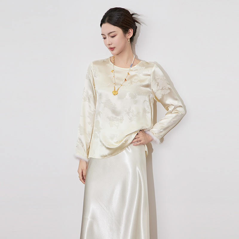 2501211-Nanyou New Chinese Style National Style Fashionable and Elegant Silk Jacquard Top with Mink Fur Shirt for Women Spring and Autumn