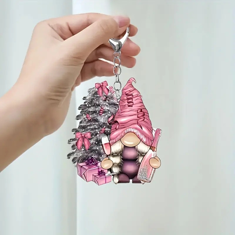 Encantador enano rosa con llavero acrílico de árbol navideño - regalos navideños para hombres, para automóviles