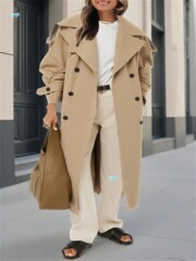 Womens Oversized Long Trench Coat Double Breasted Lapel跨境