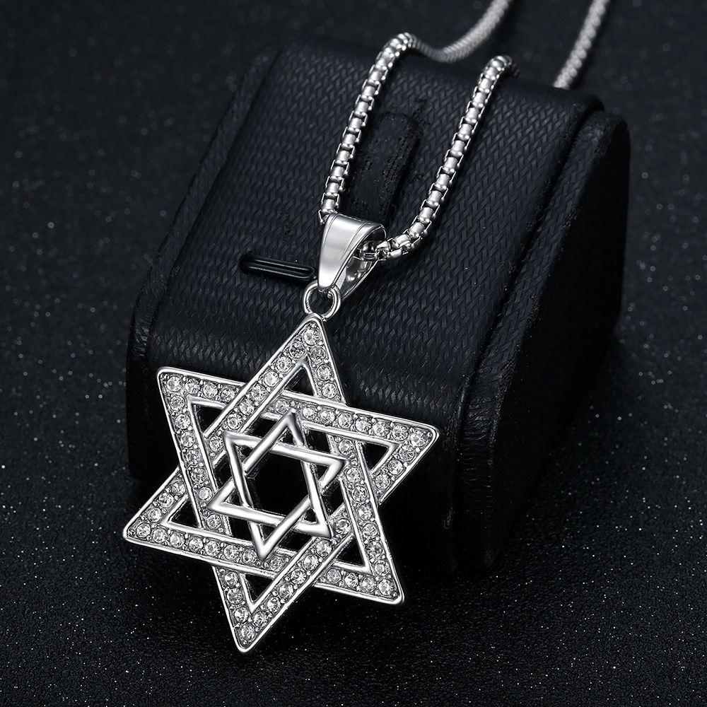 Titanium Steel Material Hip-Hop Hexagram Titanium Steel Plating Rhinestones 18K Gold Plated Men's