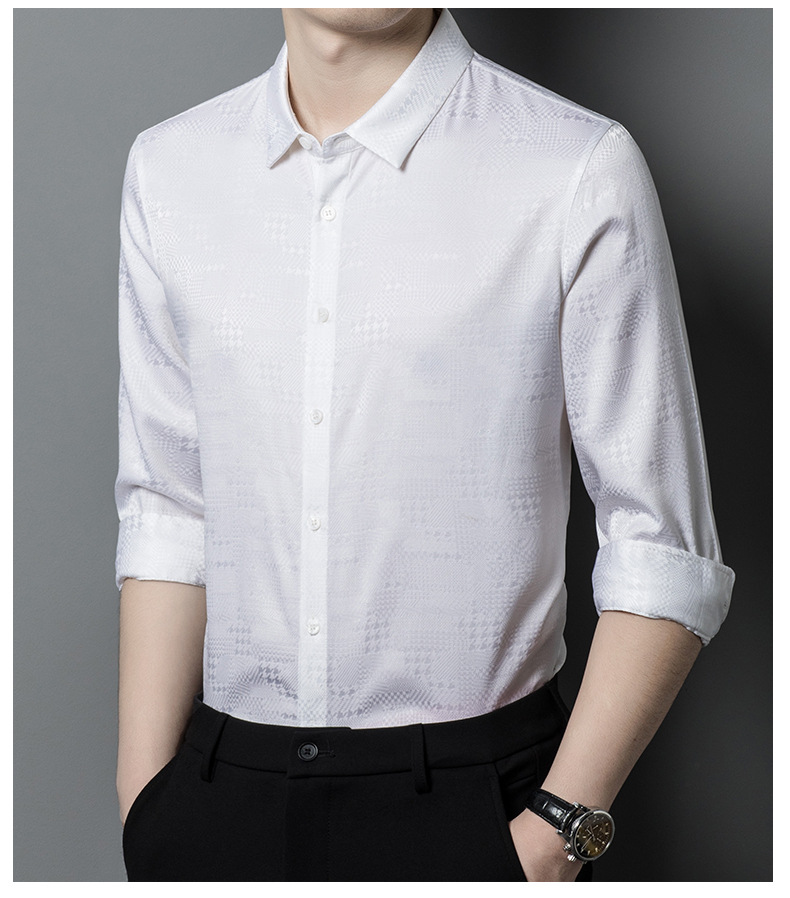 Áo sơ mi nam dài tay lụa tơ tằm cao cấp họa tiết jacquard không cần ủi — CS13 trắng chi tiết 11