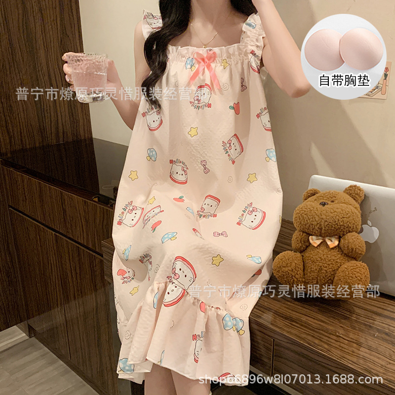 Pijama de cabina para mujeres polvo de cereza de verano algodón trenzado cojín de pecho pijama largo viento rojo de primavera y verano ropa para el hogar