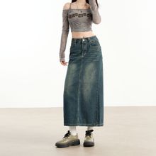 牛仔半身裙新款显高显瘦2025年小个子中长款裙子怀旧蓝后开叉女