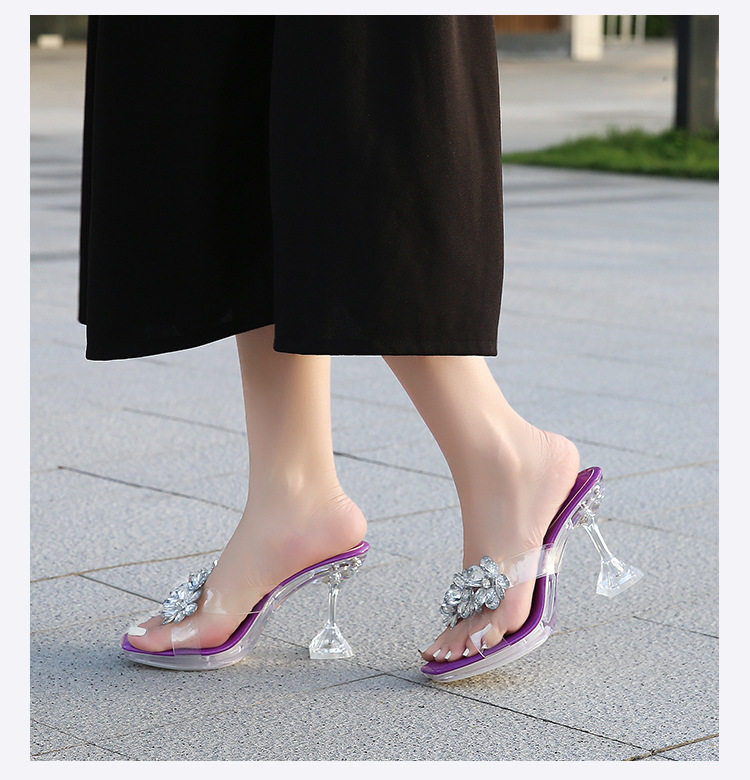 Sandal nữ quai ngang trong suốt gót ly pha lê, gót 6–8 cm — Vàng Sâm Banh, màu tím chi tiết 12