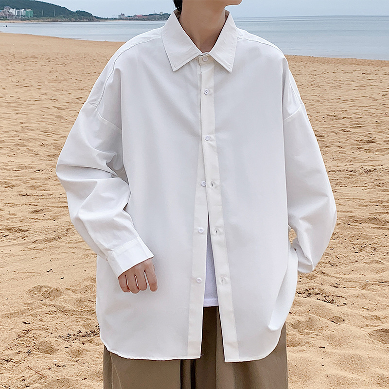 Simple Solid Color Long-sleeve Men, New Autumn Trendy Versatile Loose Casual Turn-down Collar Shirt Jacket For Teenagers_voghion.com