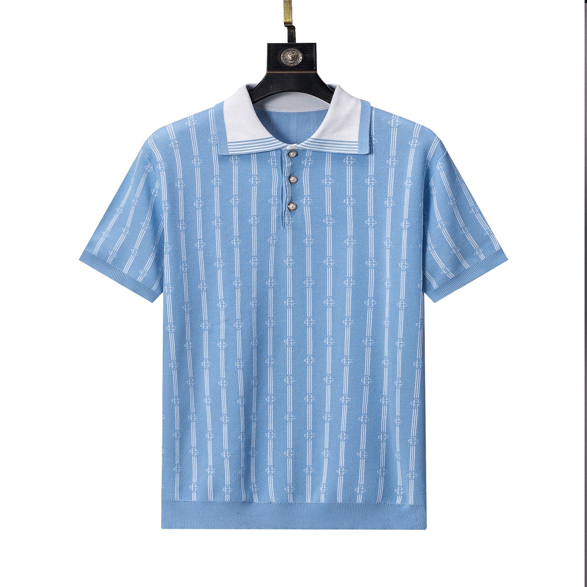 Casablanca Monogram Jacquard Striped Polo Shirt Light Blue