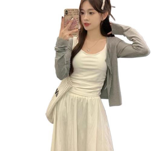 Women's Summer Grey Knitted Sun Protection Cardigan Coat with Small Shawl, Pair with Camisole Dress, Outerwear with Sheer Ice Silk Blouse