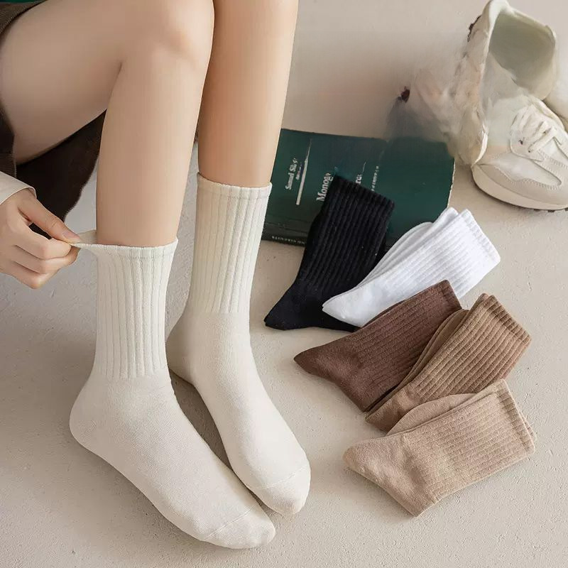 Women's Autumn/Winter Vertical Striped Solid Color Mid-Calf Socks, Instagram Trendy, Versatile, Stacked Socks, Student Sports Socks