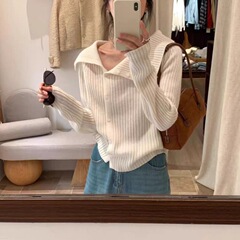 小众设计高级感不规则斜扣翻领羊毛针织衫女慵懒宽松针织上衣外套