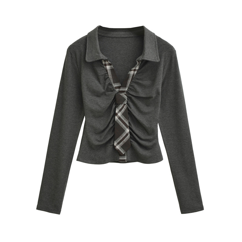 Fake Two-Piece Plaid Tie Long-Sleeved T-Shirt Autum Style American Sexy Slim-Fitting Bottoming Shirt Pleated Collar Waist Top