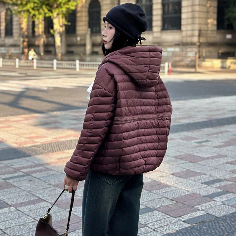 轻薄款连帽羽绒服女2025冬季新款时尚设计感绗线休闲白鸭绒面包服|undefined