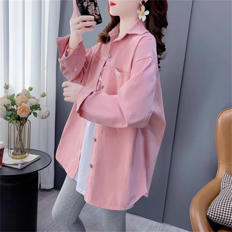 Candy Pink Denim Shirt Women 2024 New Spring and Autumn Loose Large Size Styish All-Match Long Sleeve Jacket Top