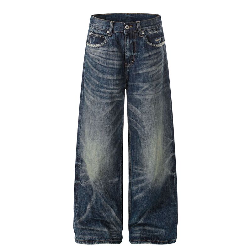 Gd004 High Street American Style Unisex Washed Vintage Distressed Denim with Cat Whisker Design Men's Loose Fit Jeans Gd004 High Street American Style Unisex Washed Vintage Distressed Denim with Cat Whisker Design Men's Loose Fit Jeans
