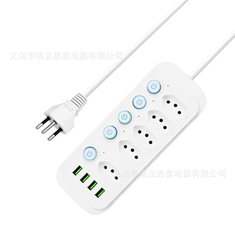 跨境巴西规插线板家用接线电源插座4USB多功能巴西式桌面插排排
