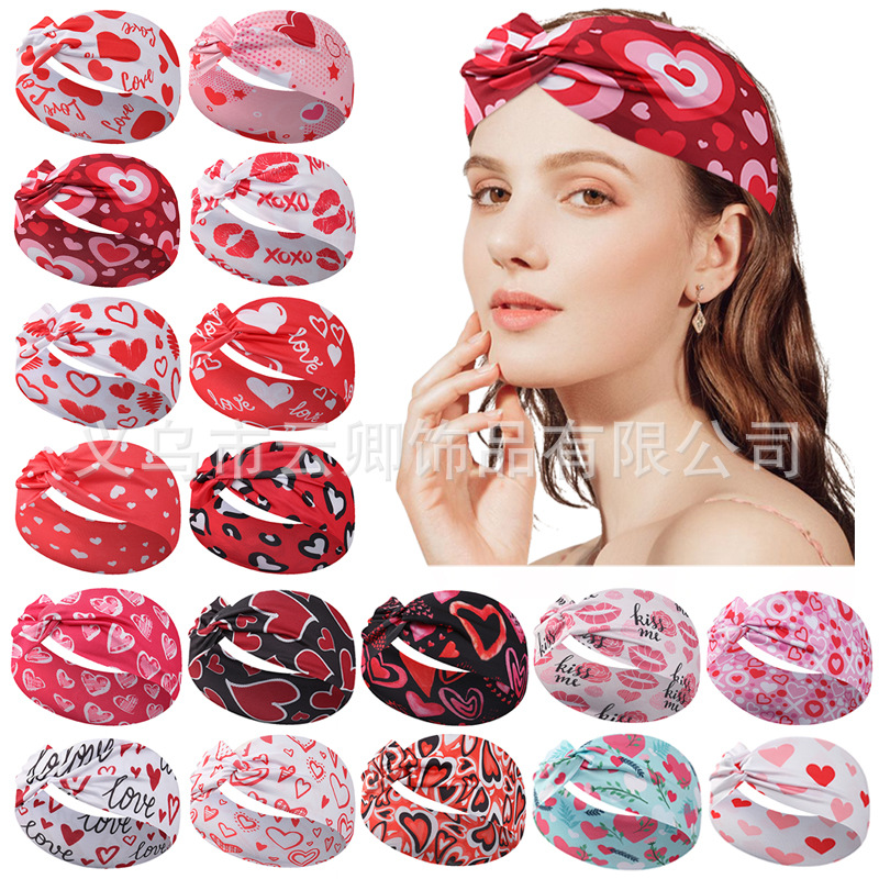 European and American Amazon Valentine's Day Women's Printed Love Heart Pattern Sweat-Absorbing Yoga Running Sports Hair Band Headband