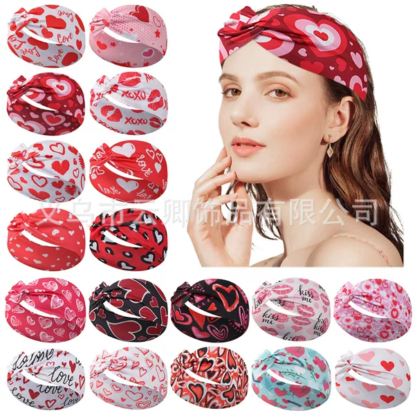 European and American Amazon Valentine's Day Women's Printed Love Heart Pattern Sweat-Absorbing Yoga Running Sports Hair Band Headband