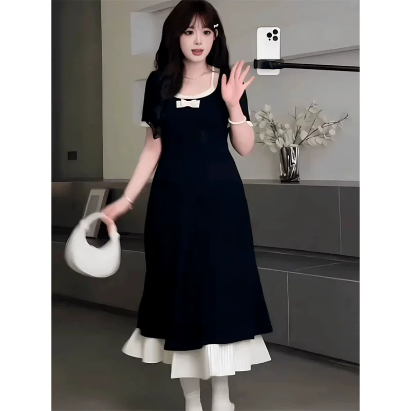 Платье больших размеров во французском стиле из двух частей для женщин, лето 2025, новое элегантное маленькое черное платье с талией мм, слегка полное