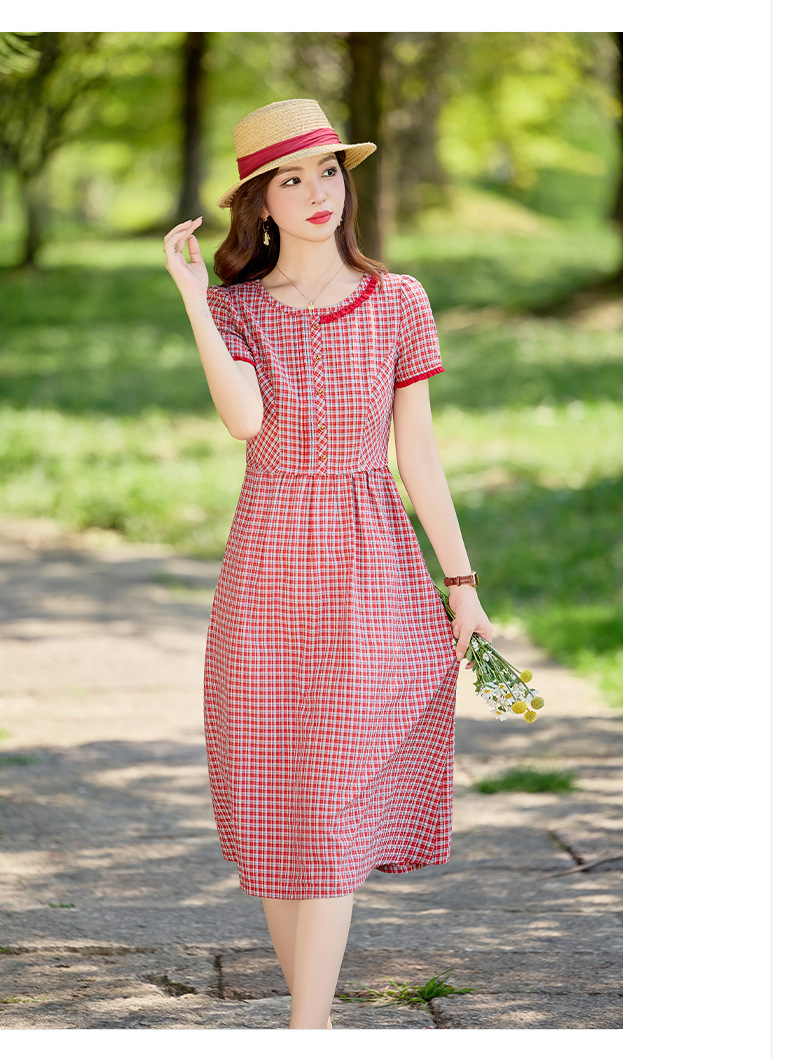 Đầm maxi nữ thắt eo cổ tròn họa tiết kẻ caro vintage — Màu ảnh chi tiết 9
