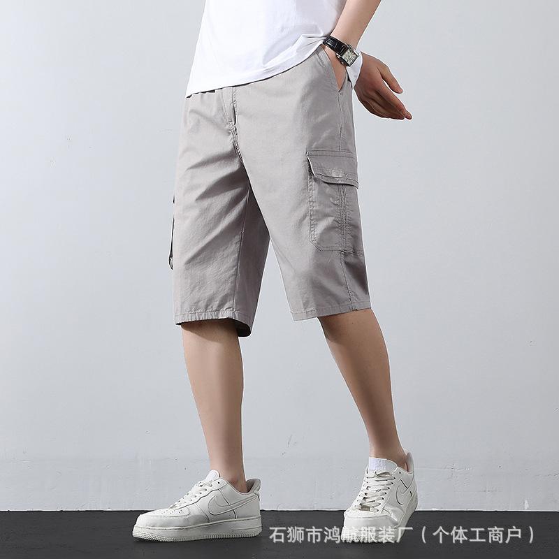 Men's Cropped Pants Shorts Summer Casual Workwear Flap Pocket Pants Pure Cotton Cargo Pants Loose Thin Section Extra Large Pants Sports