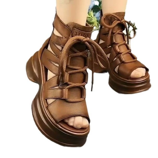 Сандалии женские ретро мягкие толстые подошвы полые сандалии шнуровки модные 2024 новые дышащие высокие и тонкие римские сандалии