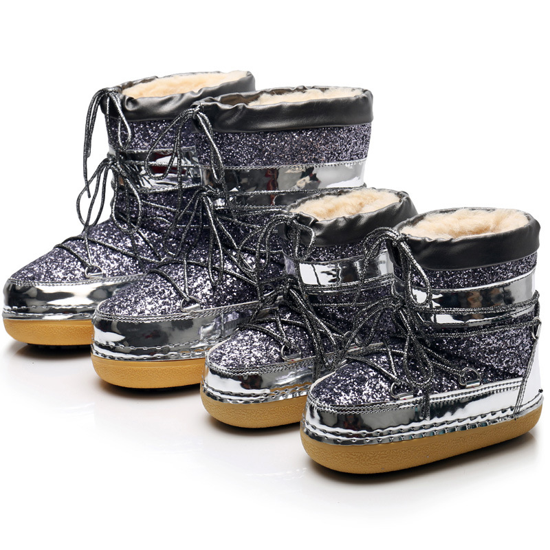 Stivali invernali europei e americani 2024 con suola spessa e paillettes in vera pelliccia, stivali corti da neve, stivali da sci alla moda da donna con cinturini_voghion.com