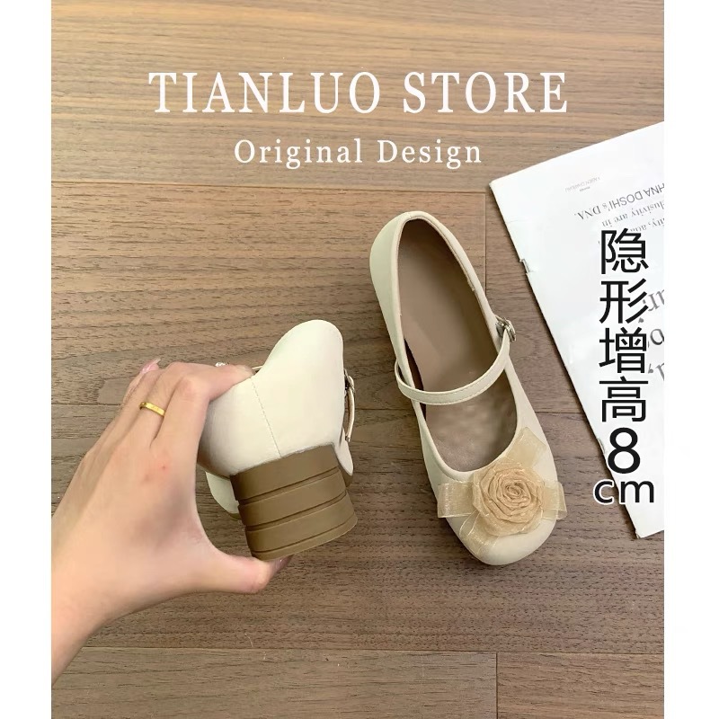 Fairy Style French Floral Mary Jane High Heels for Women 2025 New Style One-Line Buckle Thick Heel Shallow Mouth Inner Heightening Shoes